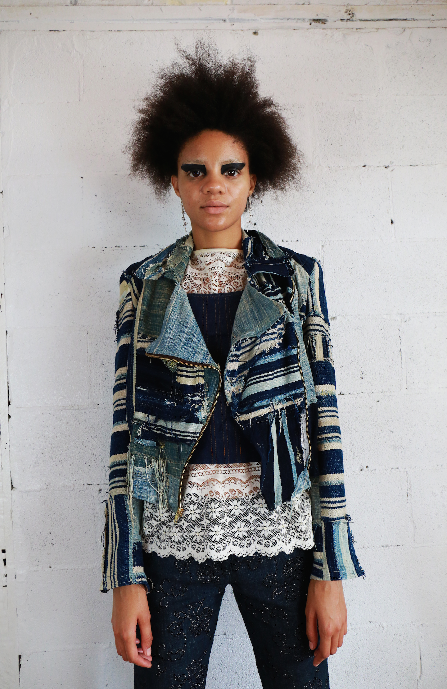 OO42. SPLINTER African Indigo Collage Moto Jacket — Hadley Clark